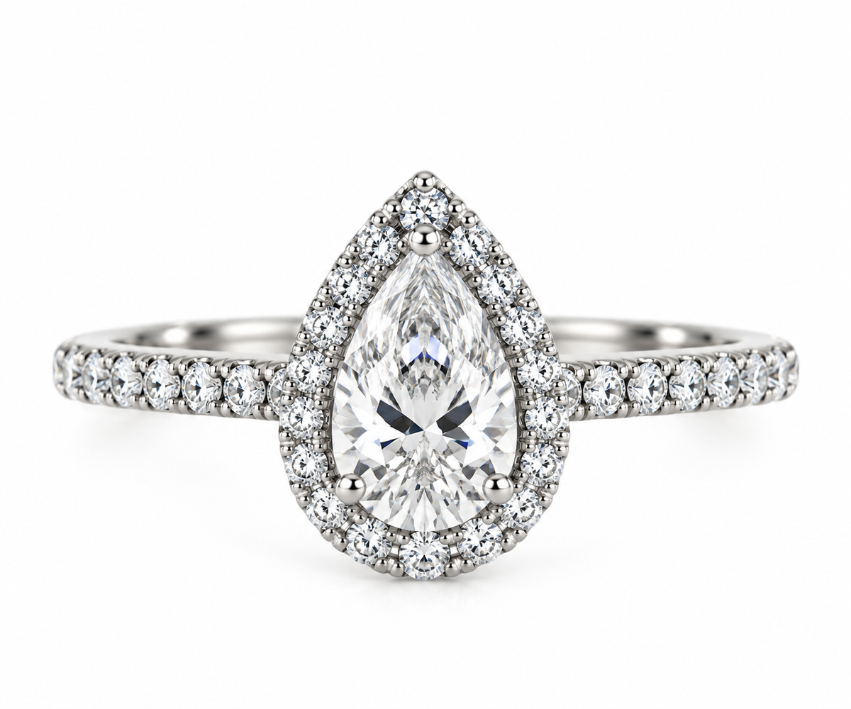 Platinum Claw Set Pear Shaped Diamond Halo Cluster Dress Ring