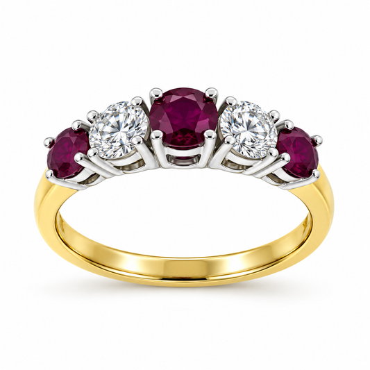 18ct Gold Graduated Ruby & Diamond Set Five Stone Half-Eternity Dress Ring