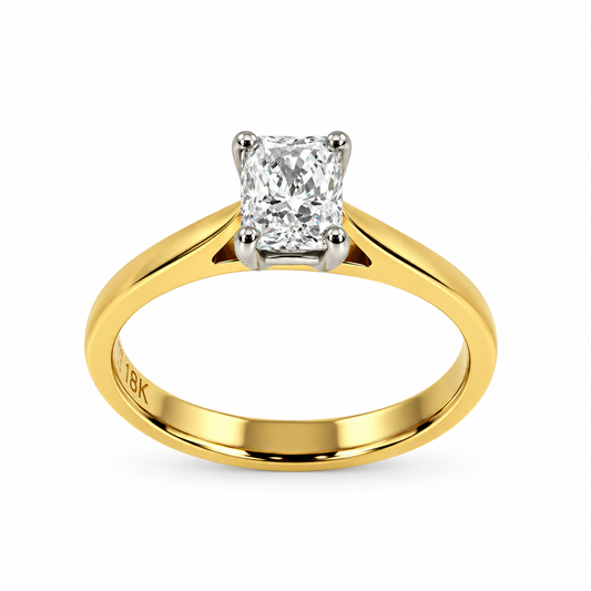 18ct Yellow Gold & Platinum Solitaire 4 Claw Set 0.70ct Single Stone Radiant Cut Diamond Ring