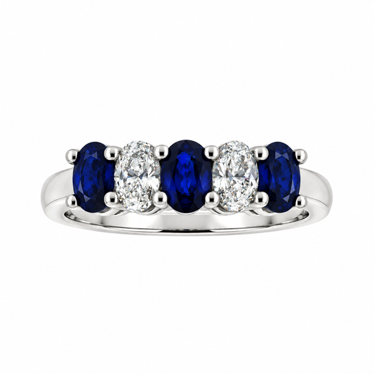 Platinum Oval Sapphire & Diamond Set Five Stone Half Eternity Ring