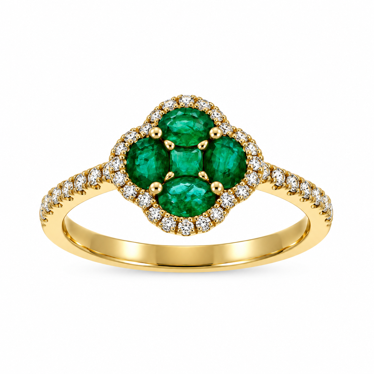14ct Gold Emerald & Diamond Set Quatrefoil Cluster Ring