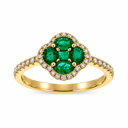 14ct Gold Emerald & Diamond Set Quatrefoil Cluster Ring