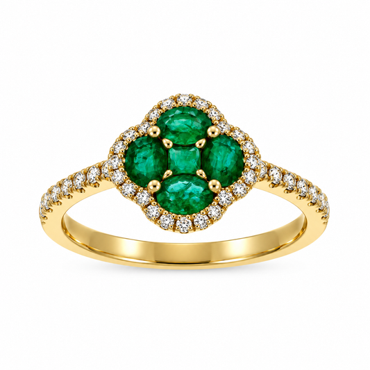 14ct Gold Emerald & Diamond Set Quatrefoil Cluster Ring