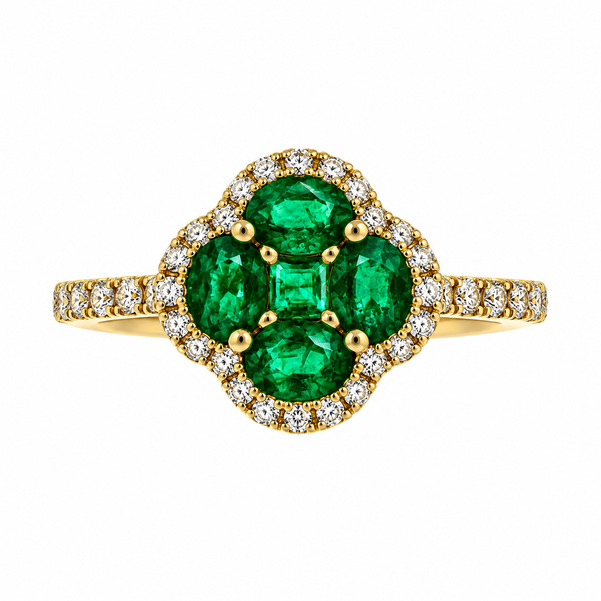 14ct Gold Emerald & Diamond Set Quatrefoil Cluster Ring