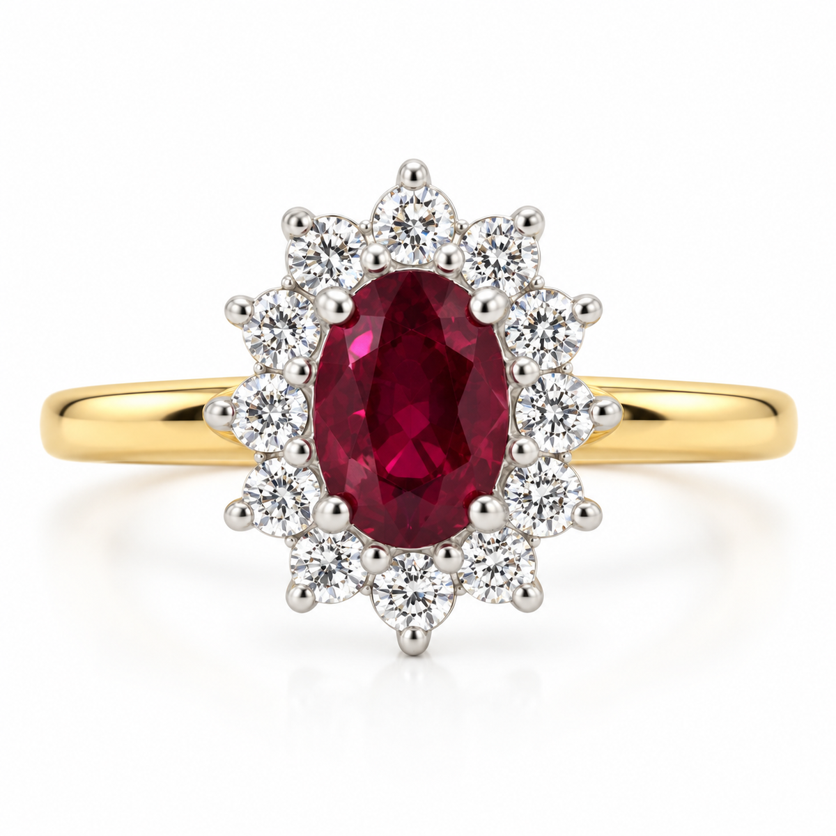 18ct Gold Oval Burmese Ruby & Diamond Set Cluster Ring