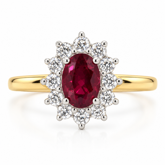 18ct Gold Oval Burmese Ruby & Diamond Set Cluster Ring