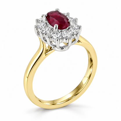 18ct Gold Oval Burmese Ruby & Diamond Set Cluster Ring