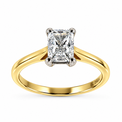 18ct Yellow Gold & Platinum Solitaire 4 Claw Set 1.00ct Single Stone Radiant Cut Diamond Ring