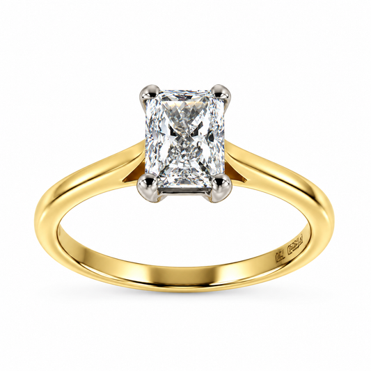 18ct Yellow Gold & Platinum Solitaire 4 Claw Set 1.00ct Single Stone Radiant Cut Diamond Ring