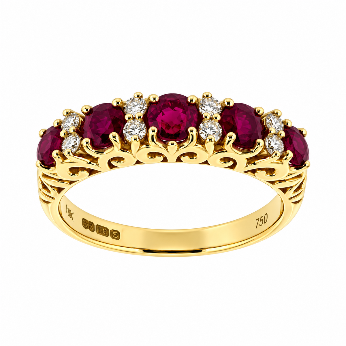 18ct Gold Claw Set Ruby & Diamond Set Victorian Style Carved Side Dress Ring