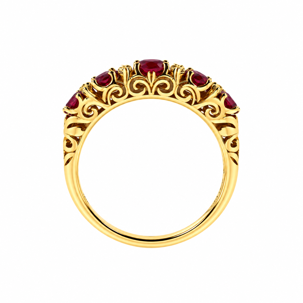 18ct Gold Claw Set Ruby & Diamond Set Victorian Style Carved Side Dress Ring