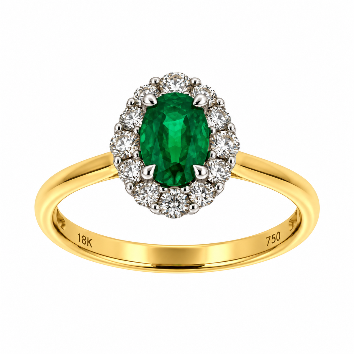 18ct Gold Oval Emerald & Diamond Set Cluster Ring