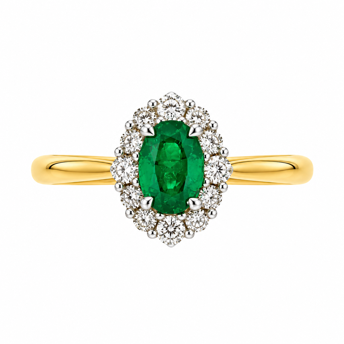 18ct Gold Oval Emerald & Diamond Set Cluster Ring