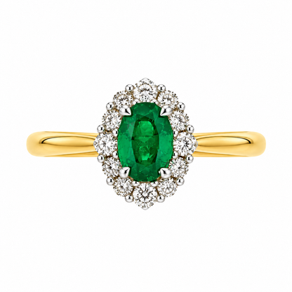 18ct Gold Oval Emerald & Diamond Set Cluster Ring