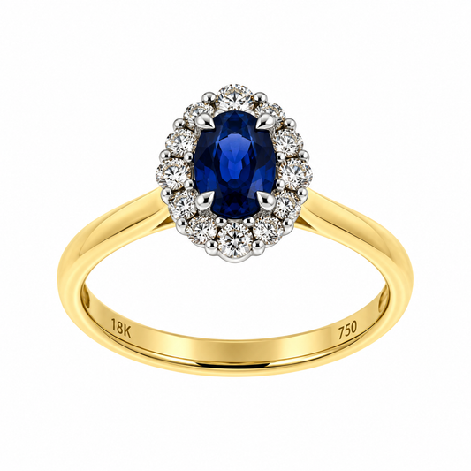 18ct Gold Oval Sapphire & Diamond Set Cluster Ring