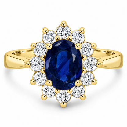 9ct Gold Oval Sapphire & Diamond Set Cluster Ring