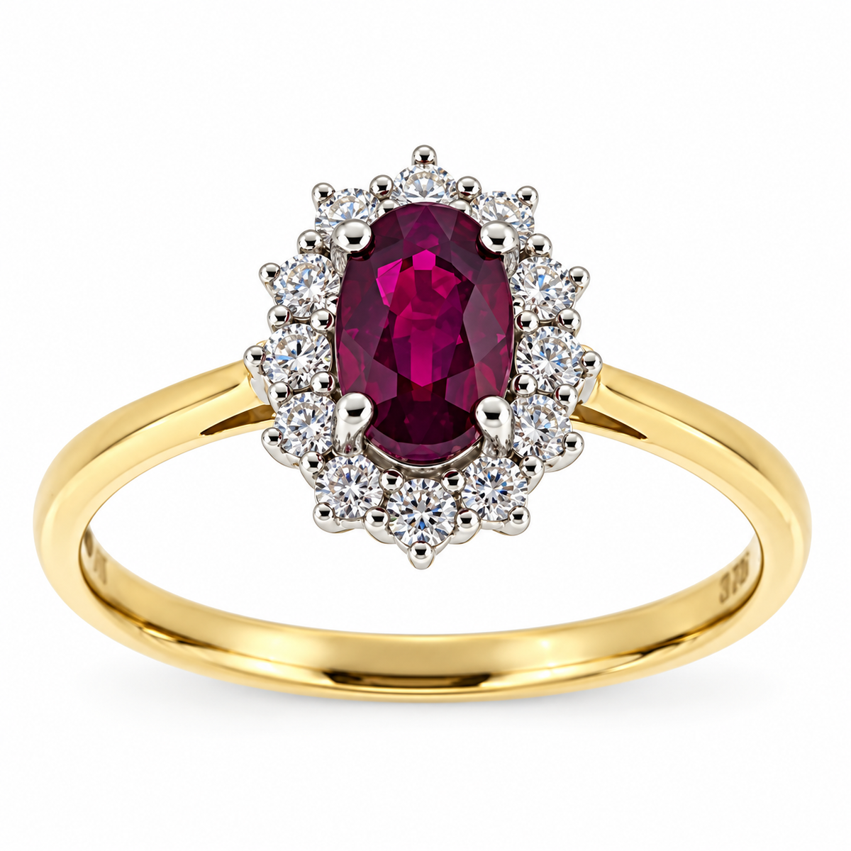 9ct Gold Oval Ruby & Diamond Set Cluster Ring