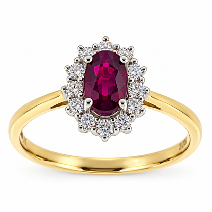 9ct Gold Oval Ruby & Diamond Set Cluster Ring