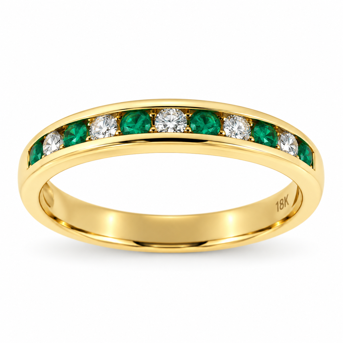18ct Gold Emerald & Diamond Channel Set Half Eternity Ring