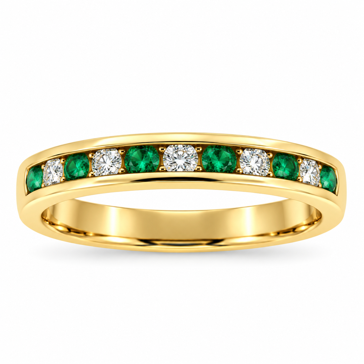 18ct Gold Emerald & Diamond Channel Set Half Eternity Ring