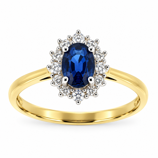 9ct Gold Oval Sapphire & Diamond Set Cluster Ring