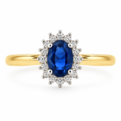 9ct Gold Oval Sapphire & Diamond Set Cluster Ring