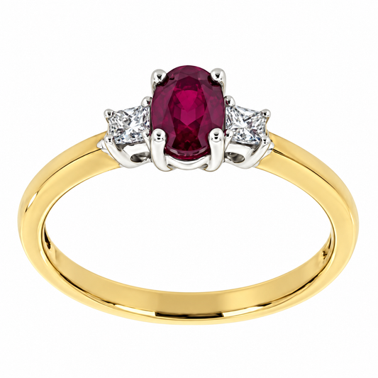 9ct Gold Ruby & Diamond Set Three Stone Trilogy Ring
