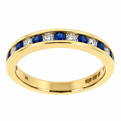 9ct Gold Sapphire & Diamond Channel Set Half Eternity Ring