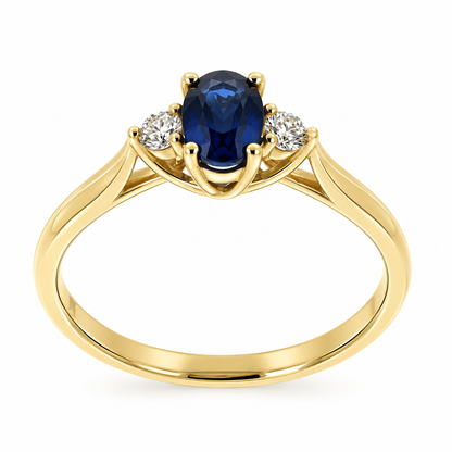 9ct Gold Oval Sapphire & Diamond Set Three Stone Trilogy Ring