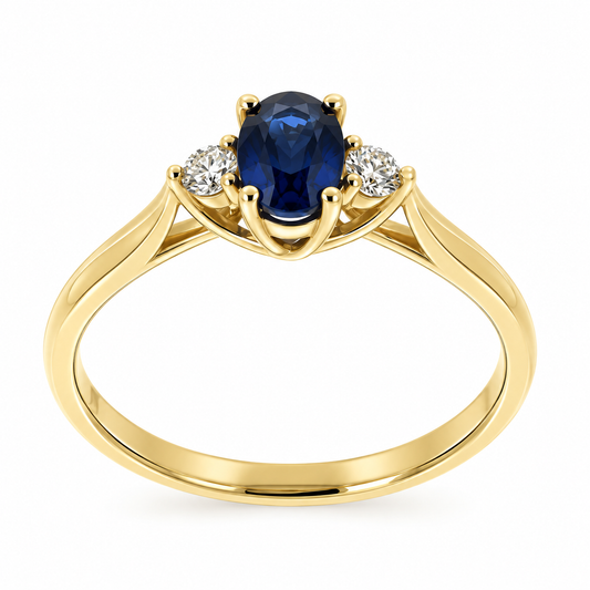 9ct Gold Oval Sapphire & Diamond Set Three Stone Trilogy Ring