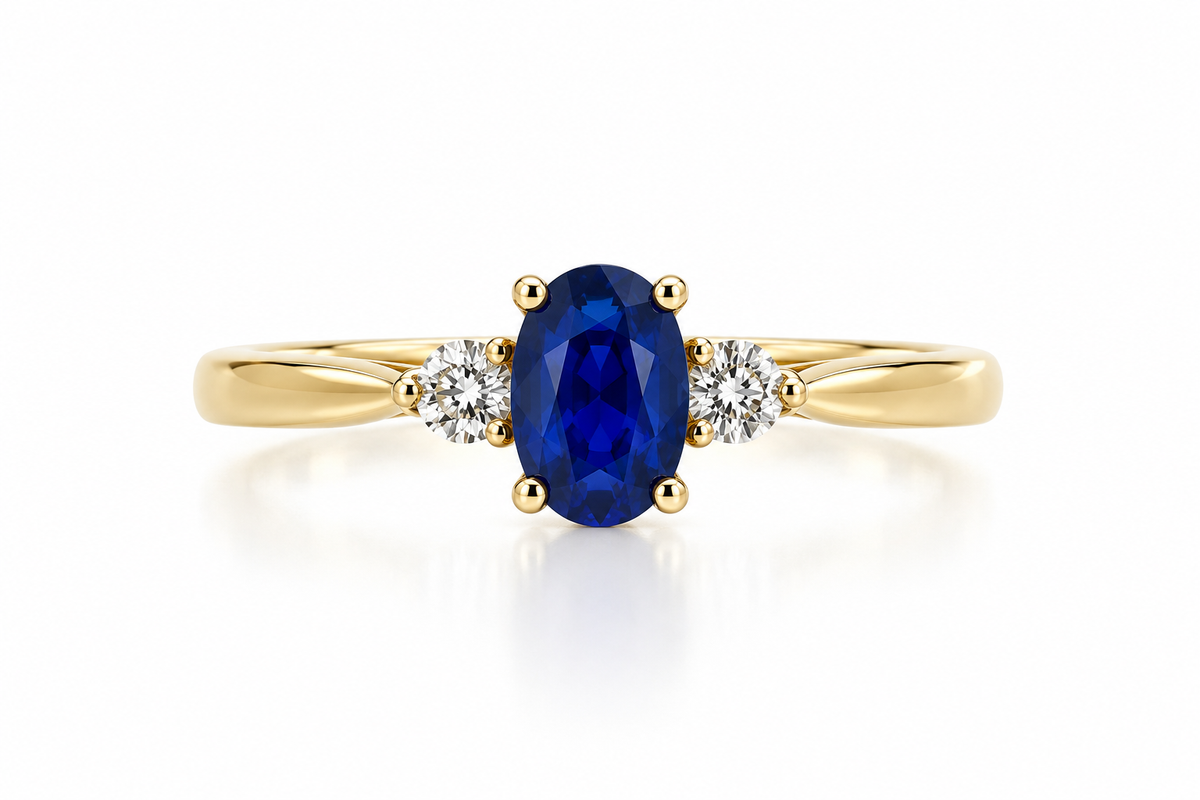 9ct Gold Oval Sapphire & Diamond Set Three Stone Trilogy Ring