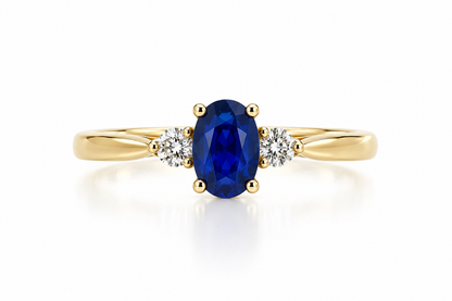 9ct Gold Oval Sapphire & Diamond Set Three Stone Trilogy Ring