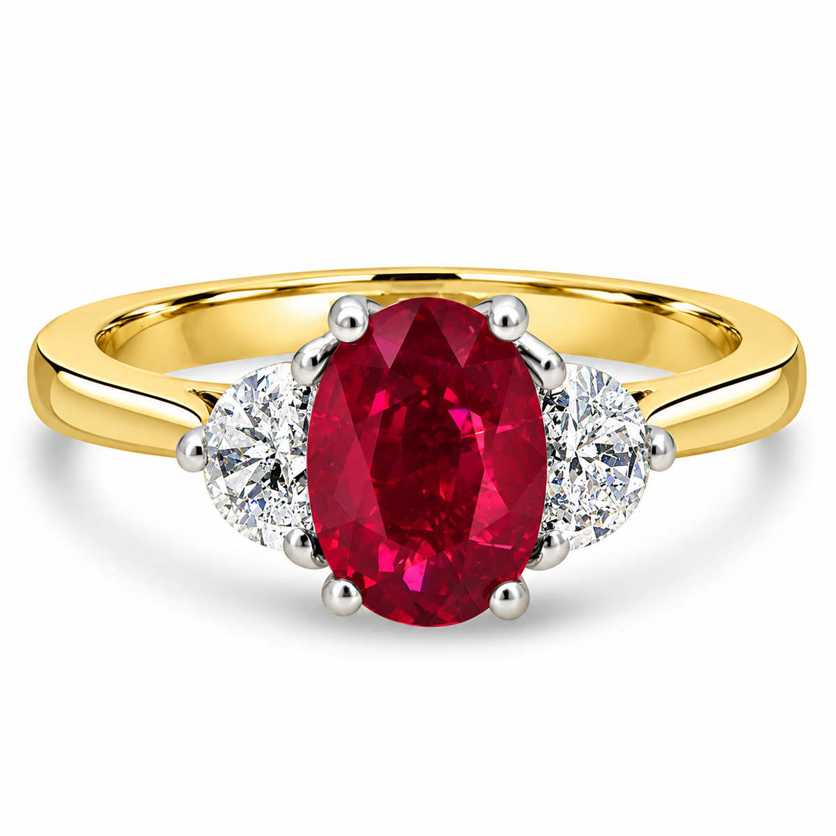 18ct Gold Oval Ruby & Demilune Diamond Set Three Stone Trilogy Ring