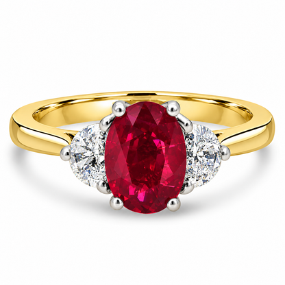 18ct Gold Oval Ruby & Demilune Diamond Set Three Stone Trilogy Ring
