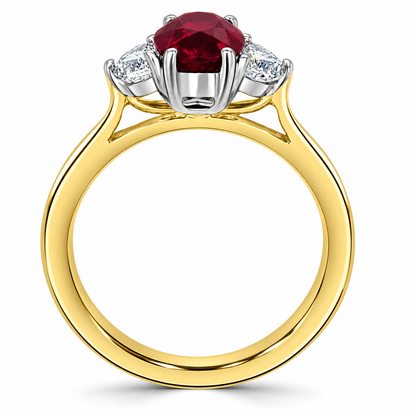 18ct Gold Oval Ruby & Demilune Diamond Set Three Stone Trilogy Ring