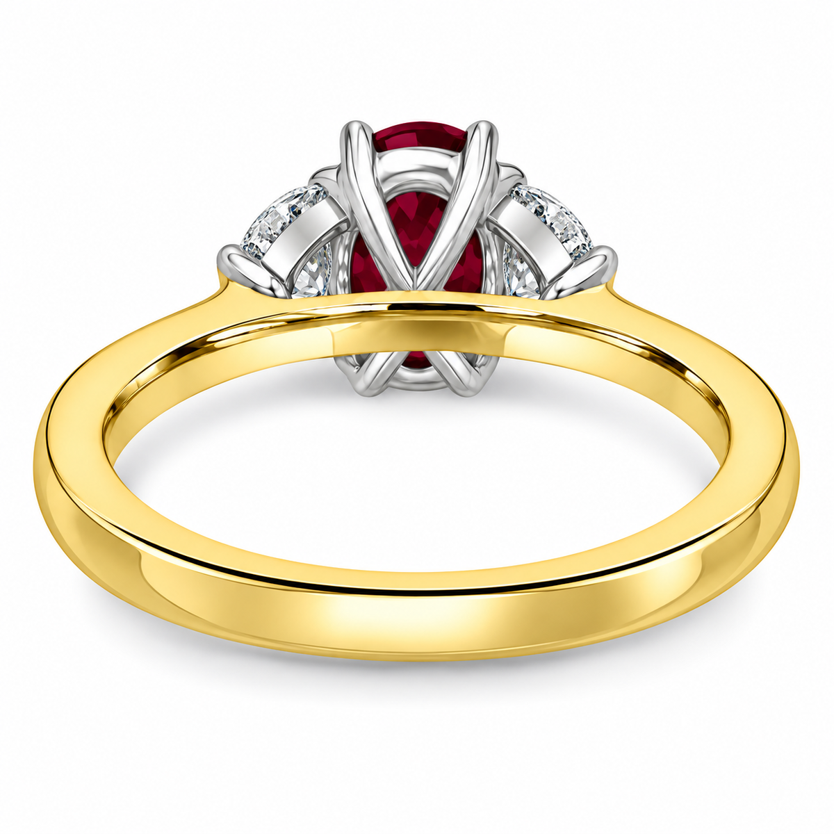 18ct Gold Oval Ruby & Demilune Diamond Set Three Stone Trilogy Ring