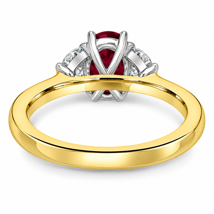 18ct Gold Oval Ruby & Demilune Diamond Set Three Stone Trilogy Ring