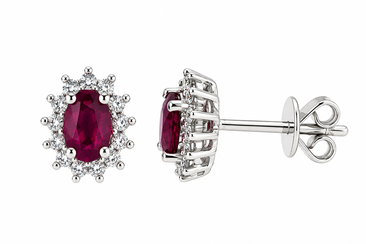 9ct White Gold Oval Ruby & Diamond Set Cluster Stud Earrings