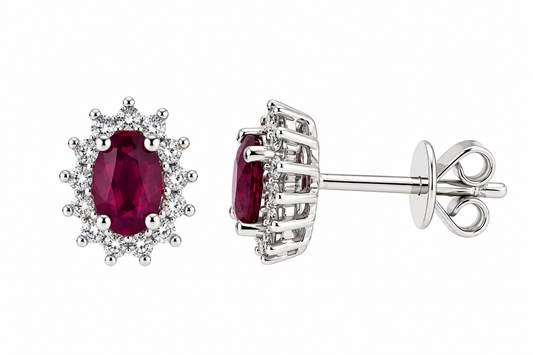 9ct White Gold Oval Ruby & Diamond Set Cluster Stud Earrings