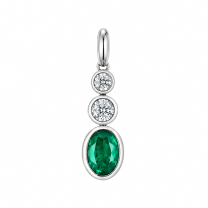 9ct White Gold Rubover Set Oval Emerald & Diamond Pendant Necklace