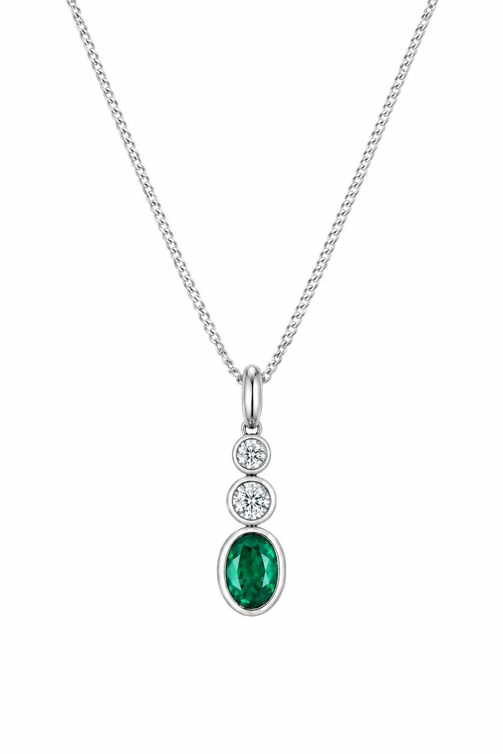 9ct White Gold Rubover Set Oval Emerald & Diamond Pendant Necklace
