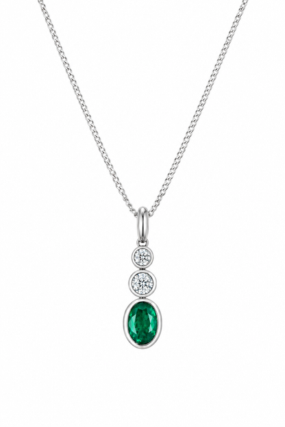 9ct White Gold Rubover Set Oval Emerald & Diamond Pendant Necklace