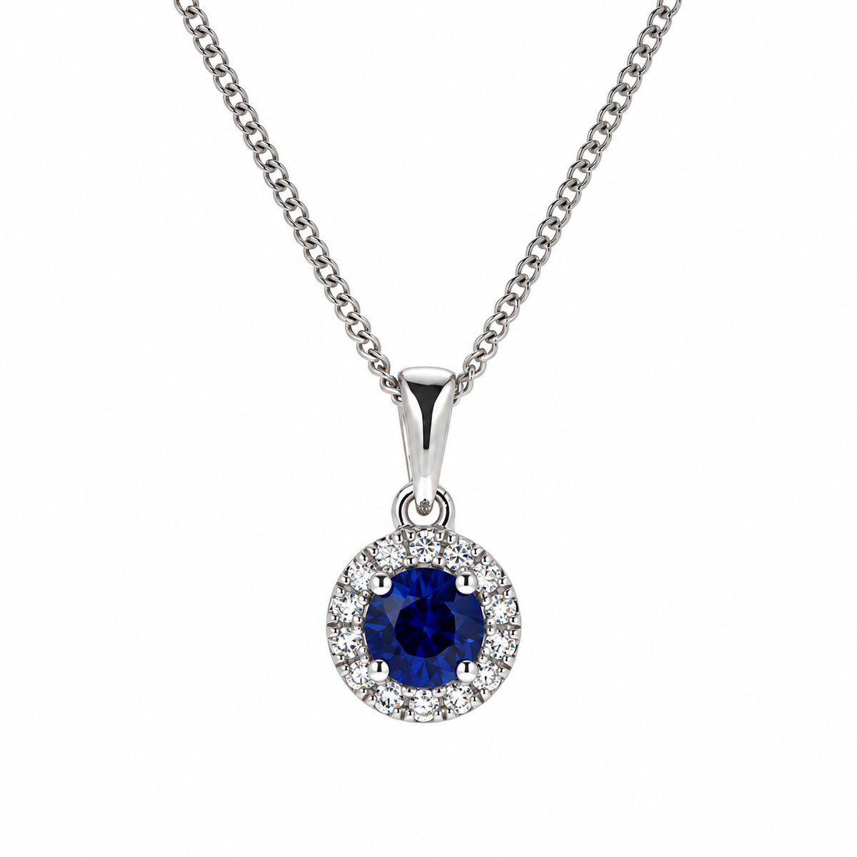 9ct White Gold Sapphire & Diamond Set Cluster Pendant Necklace