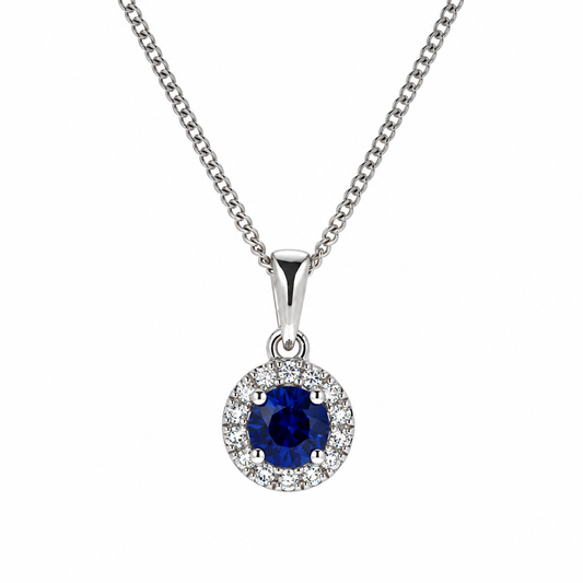 9ct White Gold Sapphire & Diamond Set Cluster Pendant Necklace
