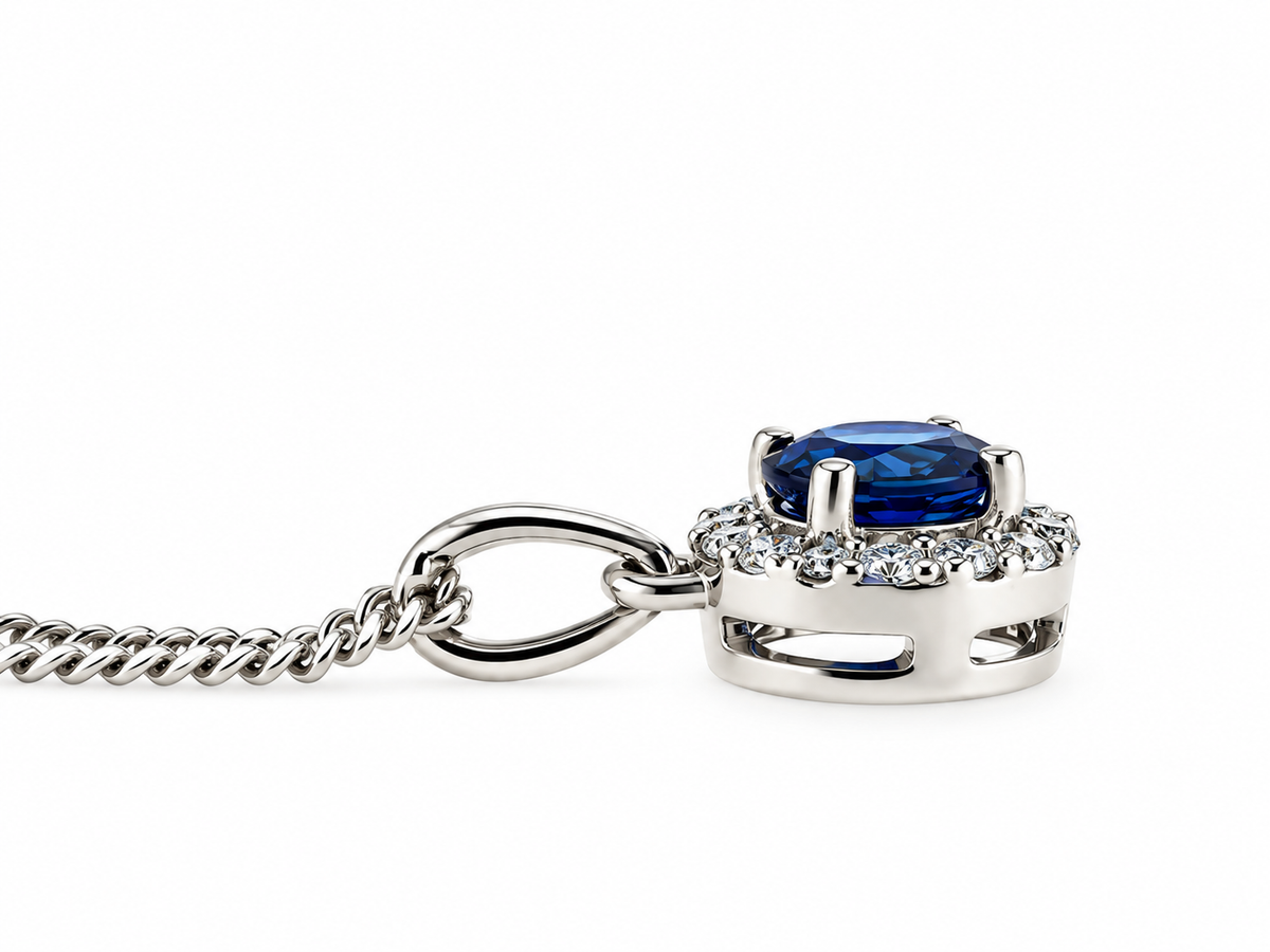9ct White Gold Sapphire & Diamond Set Cluster Pendant Necklace