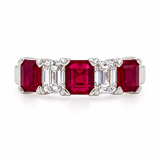 Platinum Emerald Cut Ruby & Diamond Set Five Stone Half-Eternity Dress Ring