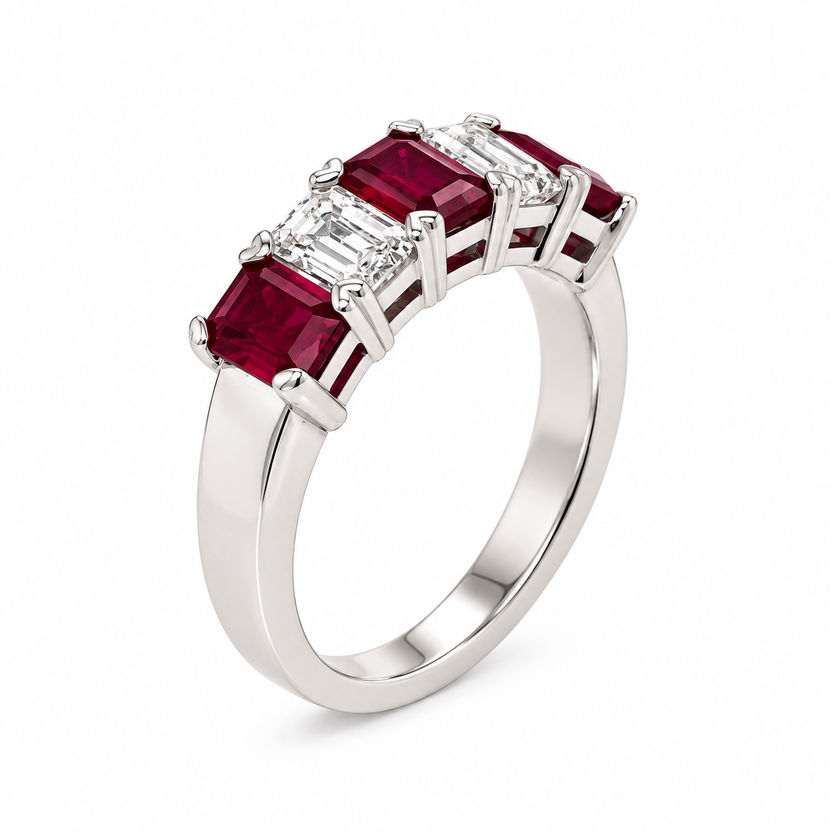 Platinum Emerald Cut Ruby & Diamond Set Five Stone Half-Eternity Dress Ring
