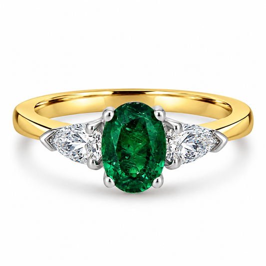 18ct Gold Emerald & Diamond Set Three Stone Trilogy Ring