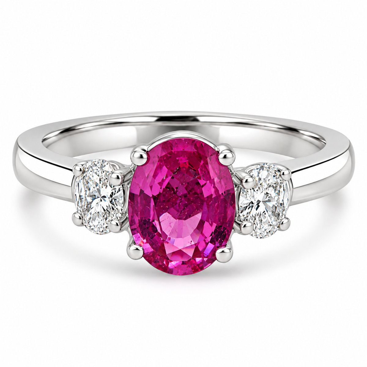 18ct White Gold Oval Pink Sapphire & Diamond Set Three Stone Trilogy Ring