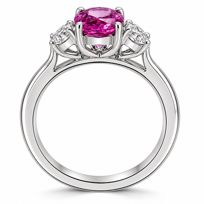 18ct White Gold Oval Pink Sapphire & Diamond Set Three Stone Trilogy Ring